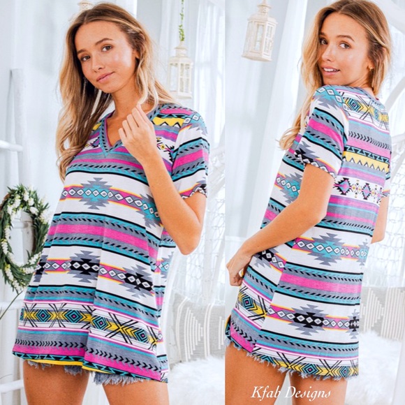 LAST 2! V Neck Aztec Print Blue Multi Top! - Picture 10 of 15